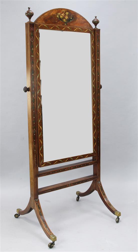 A George III floral painted satinwood and mahogany cheval mirror, W.2ft 6in. H.5ft 8in.